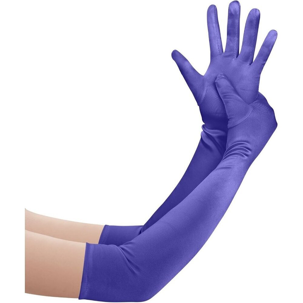 Women's Purple Long Satin Opera Fabric Gloves Party Tea Stretchy Elbow Length